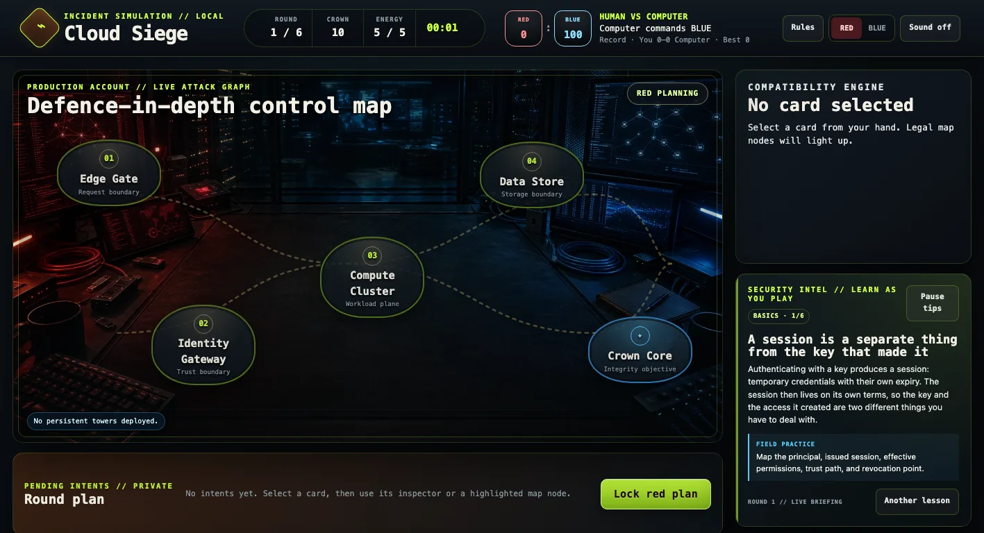 Cloud Siege gameplay showing the control map, cards, and security learning panel