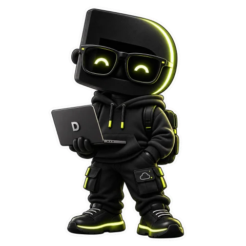 Mr.D mascot wearing a black hoodie and lime-accented glasses, holding a laptop