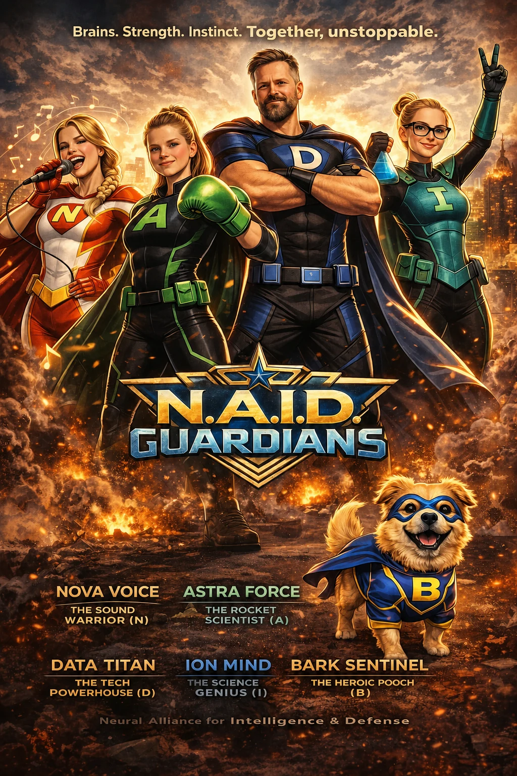 An illustrated superhero-style portrait of Davor's family and dog as the Mr.D Crew.