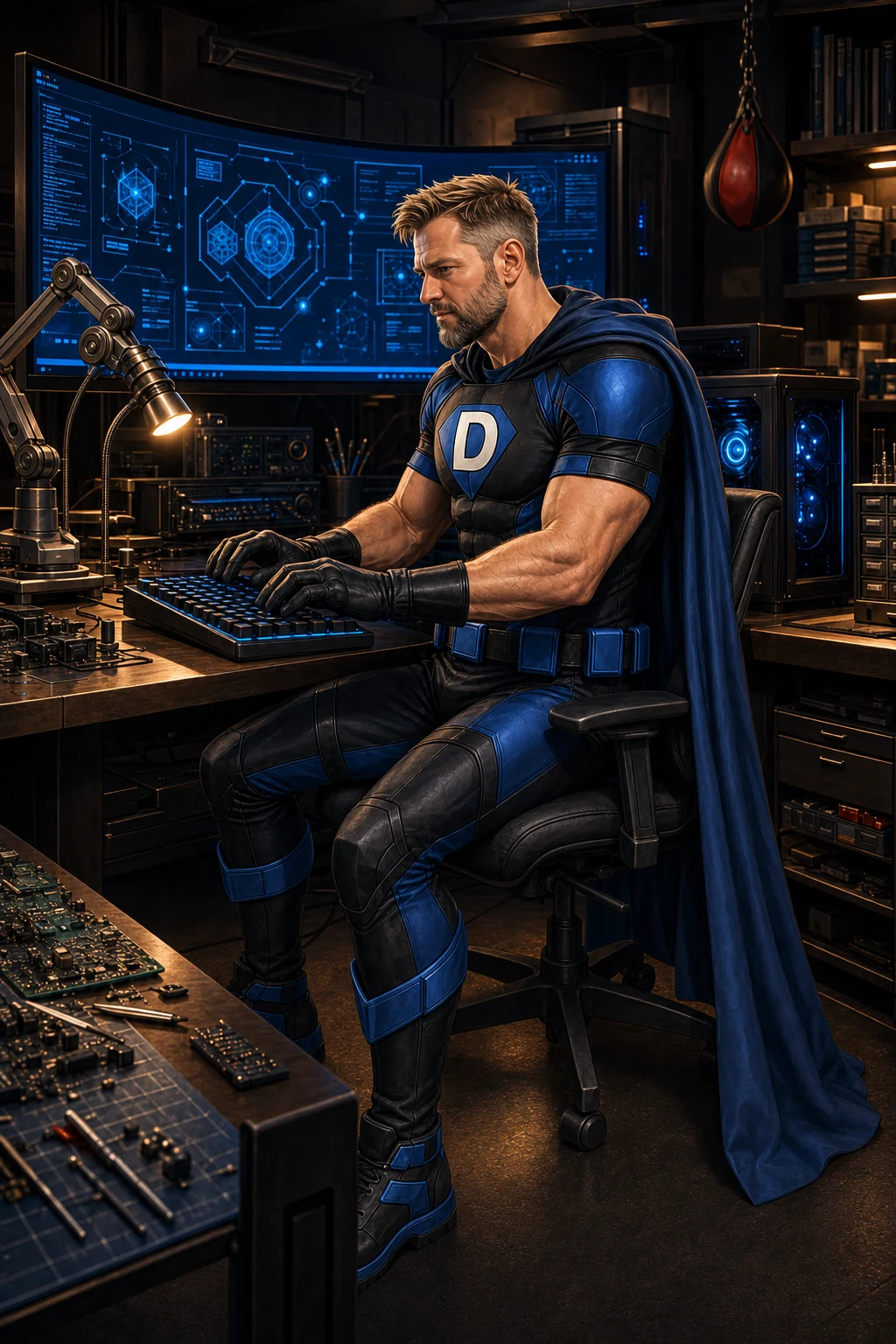 An illustrated portrait of Mr.D working at a computer in his workshop.